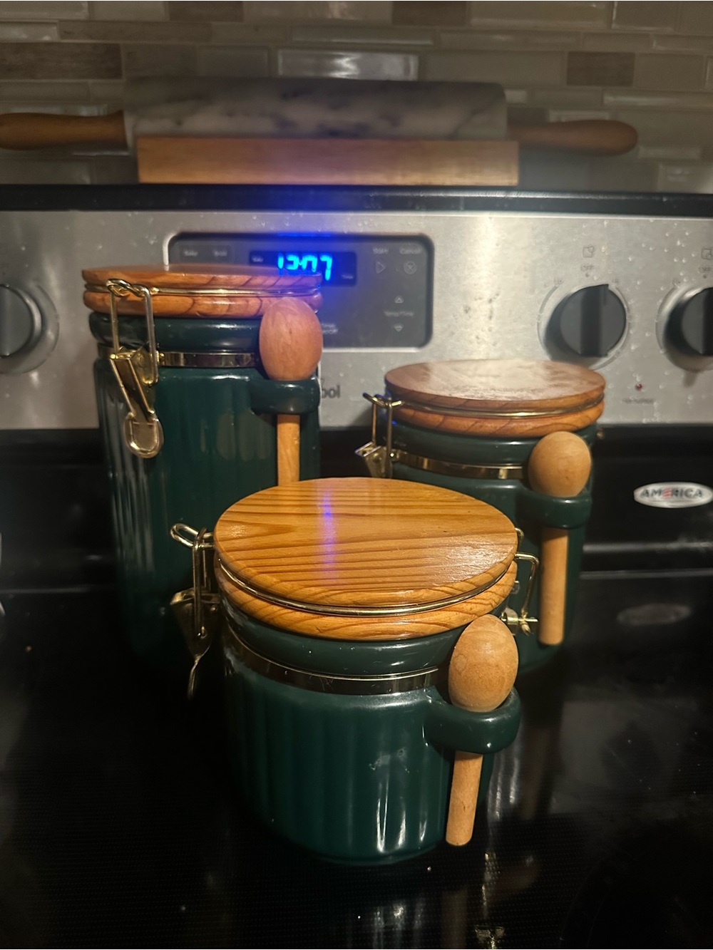 Ceramic Kitchen Canister Set with Wooden Lids/spoons